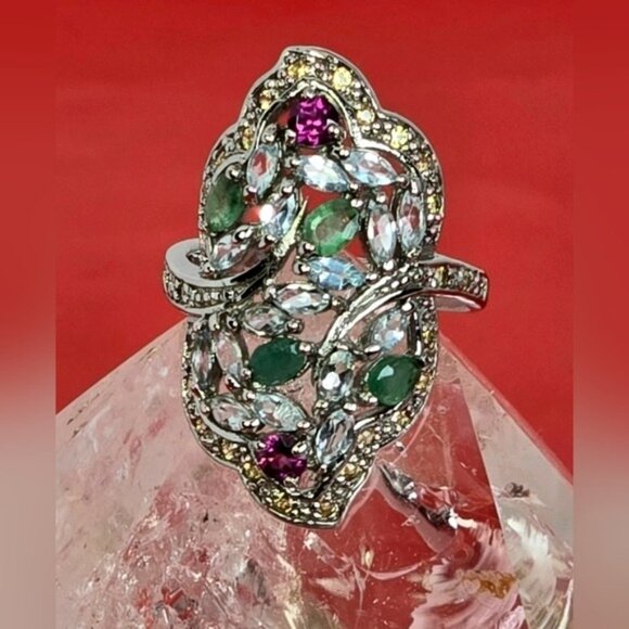 925 Sterling Silver Ring Sz 8 with Natural Emerald, Rhodolite, Sapphire, Topaz - Picture 9 of 9
